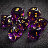 Faceted Deep Purple Glass Dice Set – Handcrafted K9 Crystal RPG Dice with Golden Engravings for Dungeons & Dragons